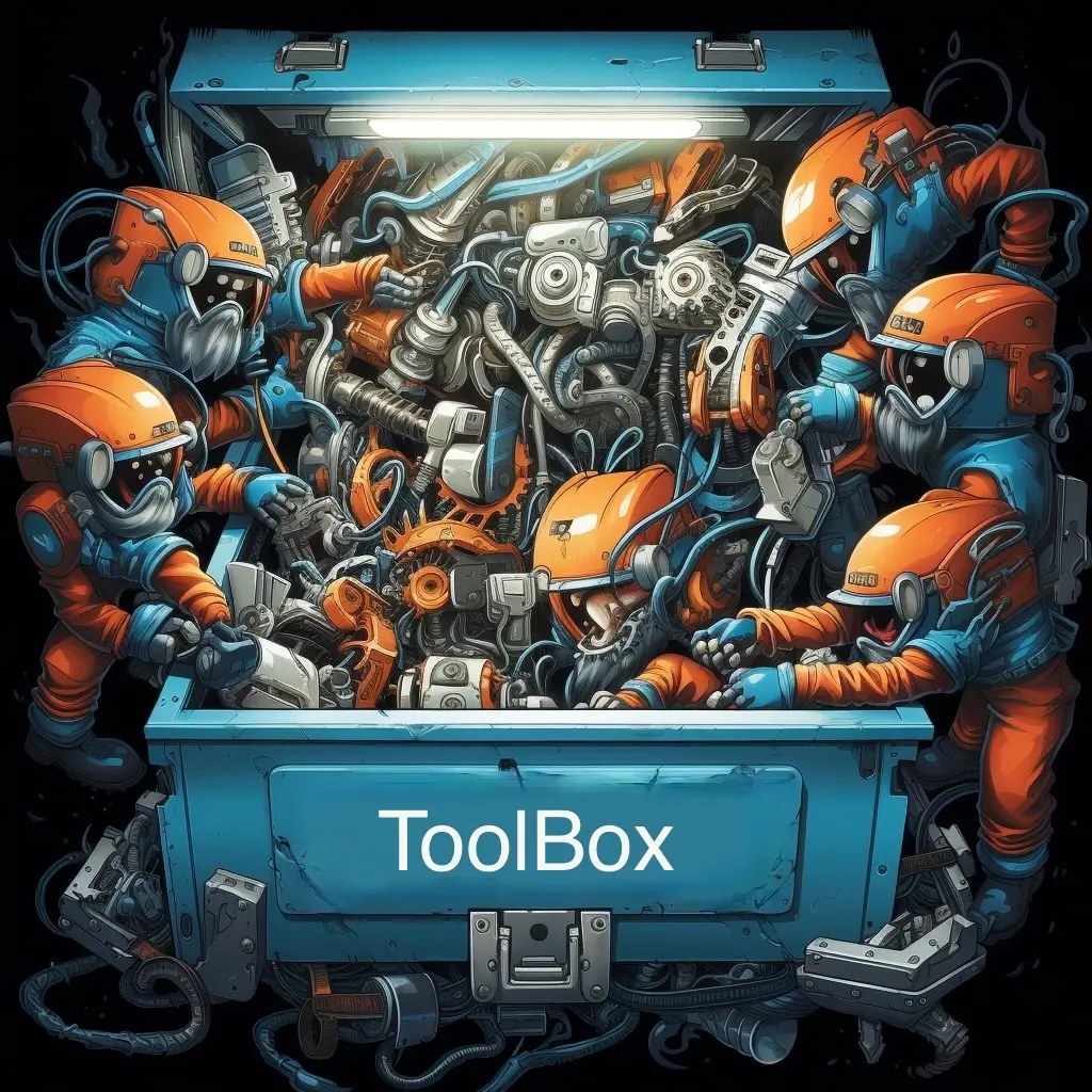 multiple hands of Cyber punk mechanic team, reaching in blue toolbox